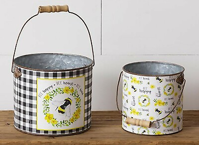 Set of 2 Kitchen Pail Bucket Baskets BEE HAPPY Yellow Black White Buffalo Print $26.99