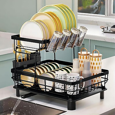 #ad #ad 2 Tier Dish Drainer Drying Rack with Cup Holder Cutlery Tray Kitchen Organiser $21.39