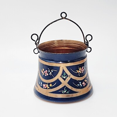#ad Vintage Handpainted Decorative Copper Bucket Pale Cauldron Rustic Primitive $34.99