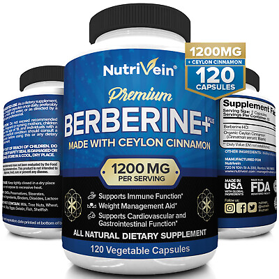 Nutrivein Premium Berberine HCL 1200mg Plus Organic Ceylon Cinnamon 120 Pills $21.99