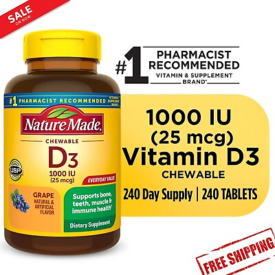 Nature Made Vitamin D3 1000 IU 25 Mcg Chewable Tablets Supplement 240 Count $14.85