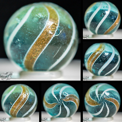 #ad Handmade Banded Lutz Marble Aqua Base Glass 25 32 in NM Buffed Germany S1225 $89.95