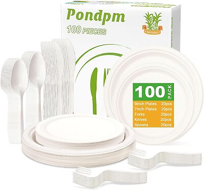 #ad 100 Pcs Disposable Plates Set Compostable Plates Fork Knife Spoon $10.99