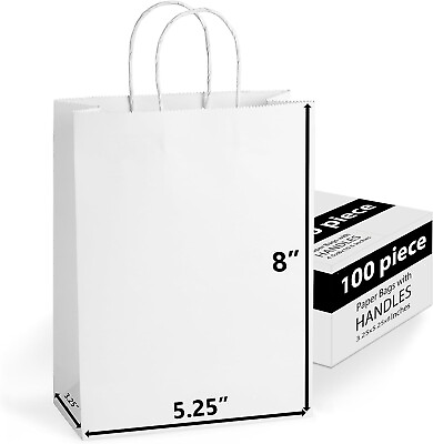 100pcs 5.25x3.25x8 White Paper Bags with handles GiftsRetailPartyWedding Bag $24.99