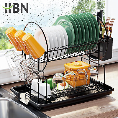#ad HBN Dish Drying Rack 2 Tier Dish Racks for Kitchen Counter with Drainboard $21.84
