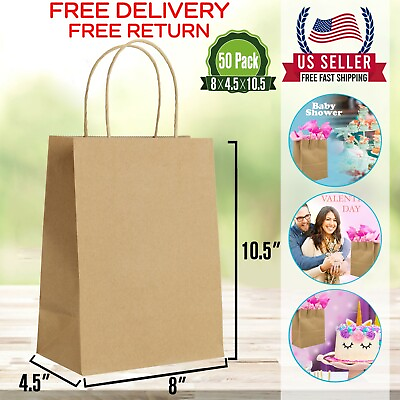 50 Bags 4.5x8x10.5 Brown Paper Bags with Handles Bulks. $20.99