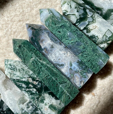 Natural Moss Agate Healing Crystal Point Wands Obelisk Chakra Tower Home Decor $13.98