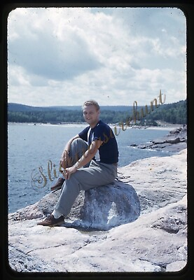 #ad #ad Man On Rock Canada Lake 35mm Slide 1950s Red Border Kodachrome $7.99