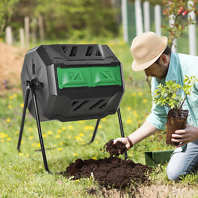 Garden Compost Bin Dual Tumbler Rotating Outdoor Composter with Sliding Doors $86.87