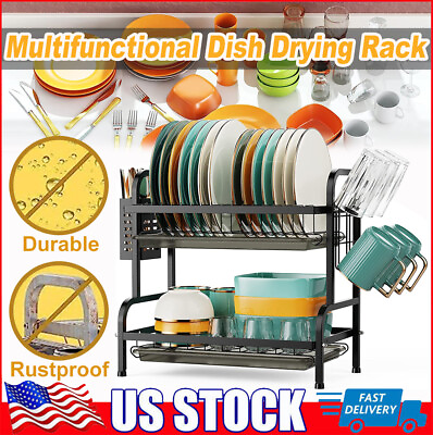 #ad #ad 2 Tier Dish Drying Rack Over Sink Steel Kitchen Holder Drain Board Set Metal USA $25.98