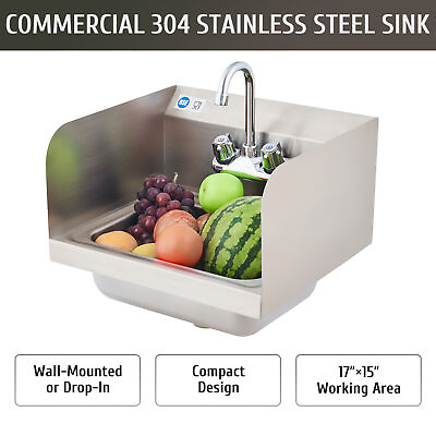 Commercial NSF Kitchen Stainless Steel Wall Mount Hand Sink with Side Splashes $103.79