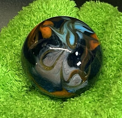 #ad Art Glass Contemporary Handmade Marble 1.57quot; Blue Purple Orange Gold Lutz Swirl $39.95