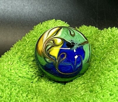 #ad Art Glass Contemporary Handmade Marble 1.58quot; Blue Green Yellow Gold Lutz Swirl $29.95