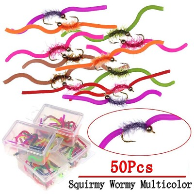 #ad #ad 50Pcs Brass Bead Head Squirmy Wormy Fly Trout Fishing Lures Nymph Worm Baits $11.99