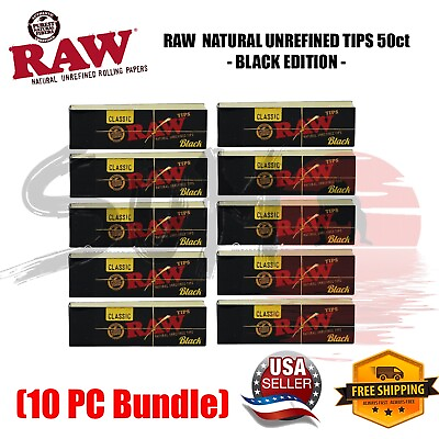 10 Packs of RAW BLACK Edition Rolling Paper Tips Filter 50 Sheets per pk $8.50