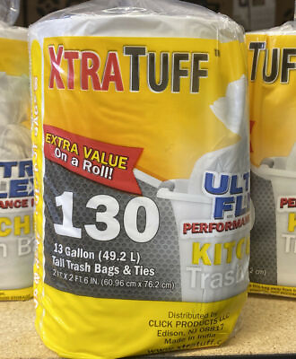 Xtra Tuff Ultra Flex Trash Bags Kitchen Trash Bag w Ties 13Gallon 130ct BPA FREE $12.99