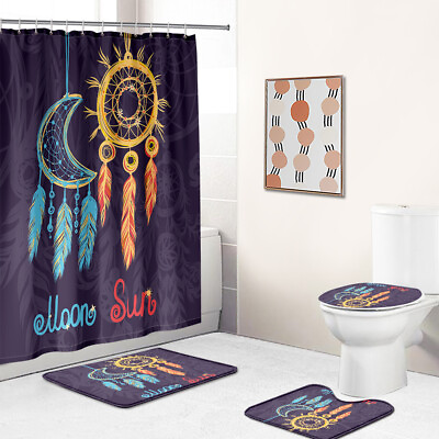 Moon Sun Bathroom Rug Set Shower Curtain Non Slip Toilet Lid Cover Bath Mat $18.68