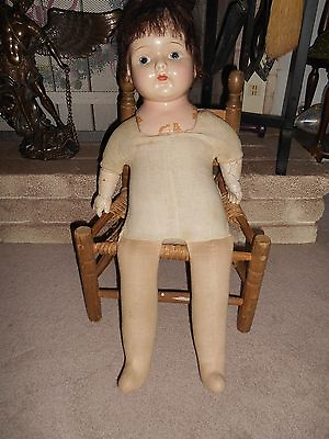100 Years Old Straw Stuffed Plush Composition Doll Hand Made Wood Chair $95.00