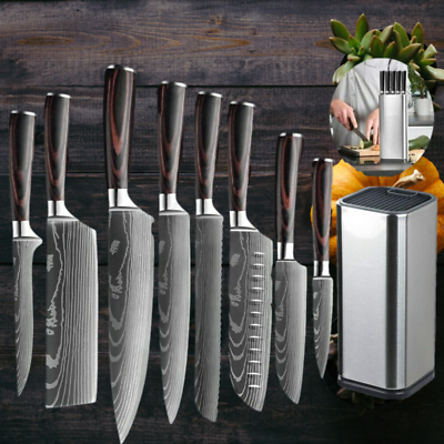 9 Pcs Chef Knives Set Damascus Pattern Stainless Kitchen Knife with Block Holder $89.99