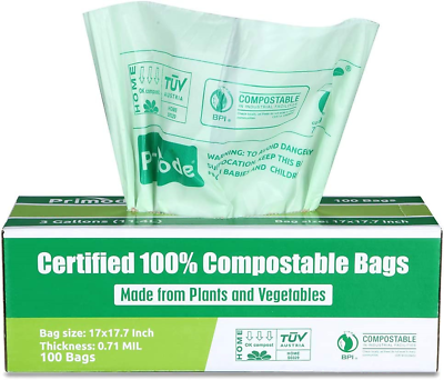 Primode 100% Compostable Trash Bags 3 Gallon Food Scraps Yard Waste Bags 100 $18.27