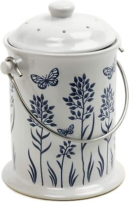 #ad #ad Ceramic Floral Blue White Compost Keeper Indoor Compost Bin 3 Quart $33.85