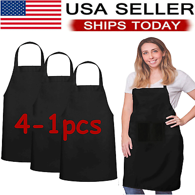 Solid Cooking Kitchen Restaurant Bib Apron Unisex Dress Black with 2 Pocket 1 4 $7.29