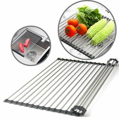 L XXL Kitchen Stainless Steel Sink Drain Rack Roll Up Dish Rack Food Drying Mat $11.48