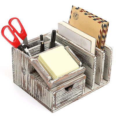 Torched Wood Desktop Office Organizer w Sticky Note Pad Holder Mail Sorter $28.79