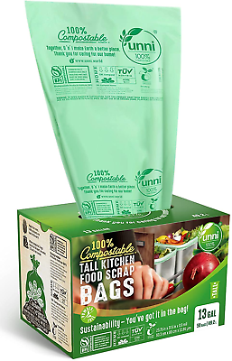 #ad UNNI 100% Compostable Bags 13 Gallon 49.2 Liter 50 Count Heavy Duty 0.85 Mil $27.57