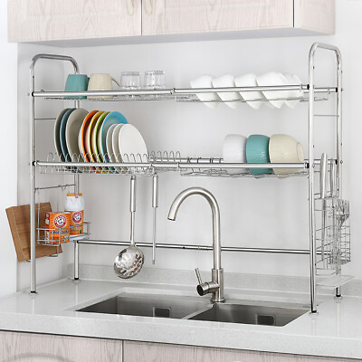 Over Sink Dish Drying Rack 2 Tier Stainless Kitchen Shelf Cutlery Drainer $28.99