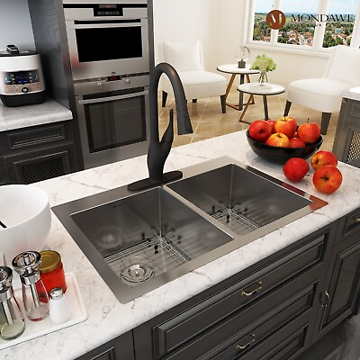 #ad Mondawe 33quot; Double Bowl Stainless Steel 18 Gauge Drop in Kitchen Sink 50 50 $330.00