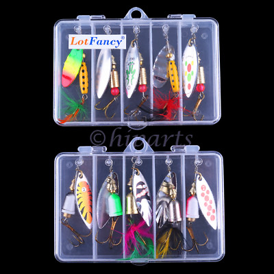 10pcs Fishing Lures Spinnerbaits Bass Trout Salmon Hard Metal Spinner baits Box $9.50