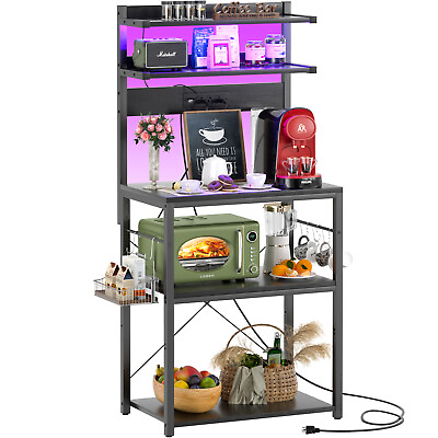 #ad Kitchen Storage Shelf Bakers Rack with Power Outlet Microwave Stand w LED Lights $84.99