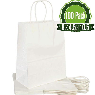100 pcs paper bags white kraft bag with handles gift Retail Merchandise shopping $30.99