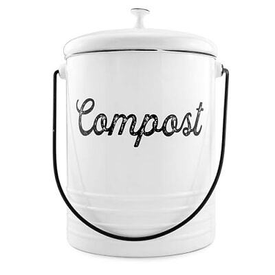#ad AuldHome White Enamelware Compost Bucket Farmhouse Compost Can Set with Lid a... $31.35
