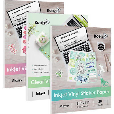 Lot 20 100 KOALA Printable Vinyl Sticker Paper Glossy Matte Clear Inkjet Laser $29.99