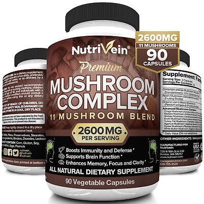 Nutrivein Mushroom Supplement 2600mg 90 Capsules 11 Blend Lions Mane Reishi $19.99
