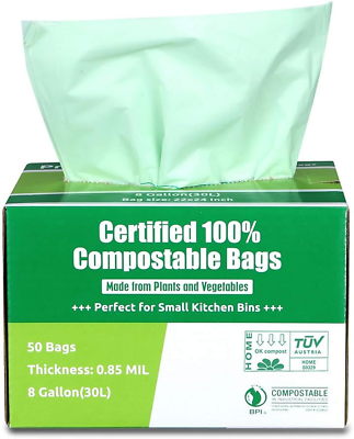#ad 100% Compostable Bags 8 Gallon 30L Food Scraps Yard Waste Bags 50 Count Ext $22.04