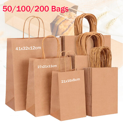 50 100 200 Bulks Kraft Paper Bags Brown with Handles Gift Retail Shopping Bag US $22.99