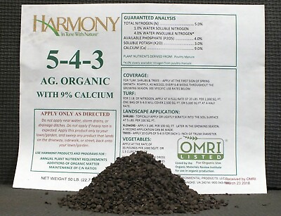 Chicken Manure Harmony Ag Organic Fertilizer 5 4 3 9% Calcium soil Amendment $18.94