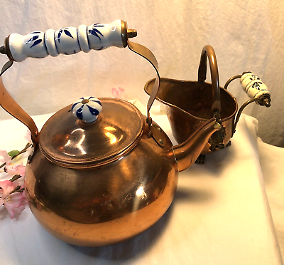 #ad Vintage LOT of 2 a Tea Kettle Brass Copper Metal And a Small Coal Copper Bucket $86.96