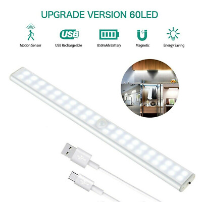 60 LED Motion Sensor Under Cabinet Closet Light USB Rechargeable Kitchen Lamp US $13.19