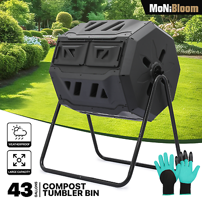 #ad 43 Gallon Dual Compost Bin Outdoor Tumbling Composter Chamber w 2 Sliding Doors $77.99