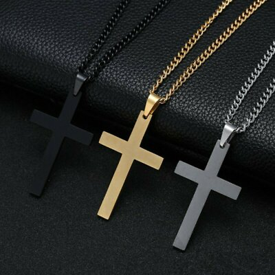 Cross Pendant Necklace Stainless Steel Plated Silver Gold Men Women Cuban Chain $3.95