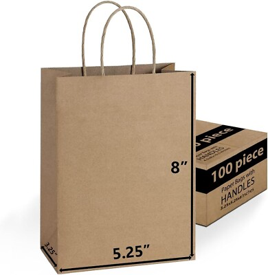100 Bags 5.25 X 3.25 X 8. Brown Paper Bags with Handles Bulks. $24.99