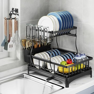 #ad 2 Tier Over Sink Dish Drying Rack Stainless Steel Kitchen Holder Cutlery Drainer $27.99