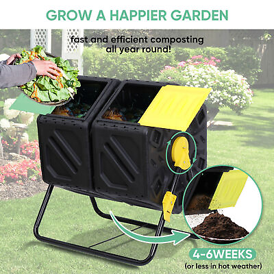 #ad 37Gal Dual Chamber Compost Tumbler Easy Turn Fast Working System Composter Black $55.58