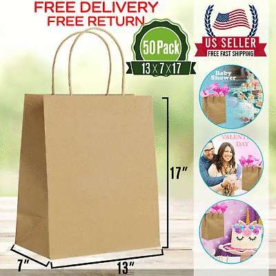 50 Bags 13x7x17 Brown Paper Bags with Handles Bulks $30.90