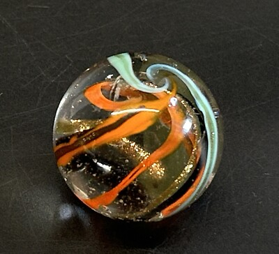 #ad Art Glass Contemporary Handmade Marble 1.49quot; Clear Black Orange Gold Lutz Swirl $39.95