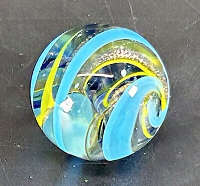 #ad #ad Art Glass Contemporary Handmade Marble 1.19quot; Clear Blue Yellow Gold Lutz Swirl $24.95